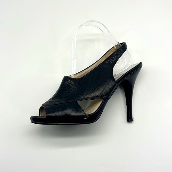 Michael Kors - Black & Patent Leather High Heels With Slingback Open Toe Size 9 - Picture 11 of 16